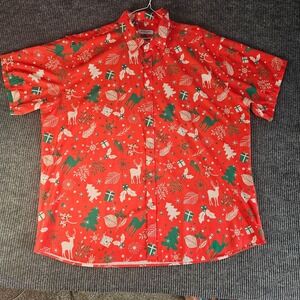 J&DHUASHA Shirt Mens 3XL Red Christmas Reindeer Print Short Sleeve Button Front